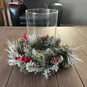 Christmas Hurricane Candle Holder with Flocked Pine Berry Candle Ring